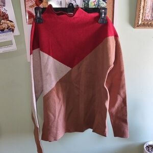 Tahari Colorblocked Crewneck Sweater in Red, Cream & Brown